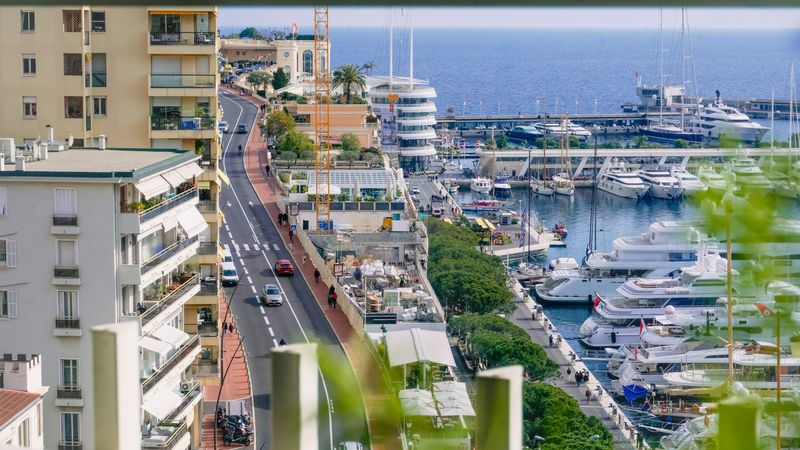 Port Hercule and the circuit road from a terrace above Monte-Carlo
