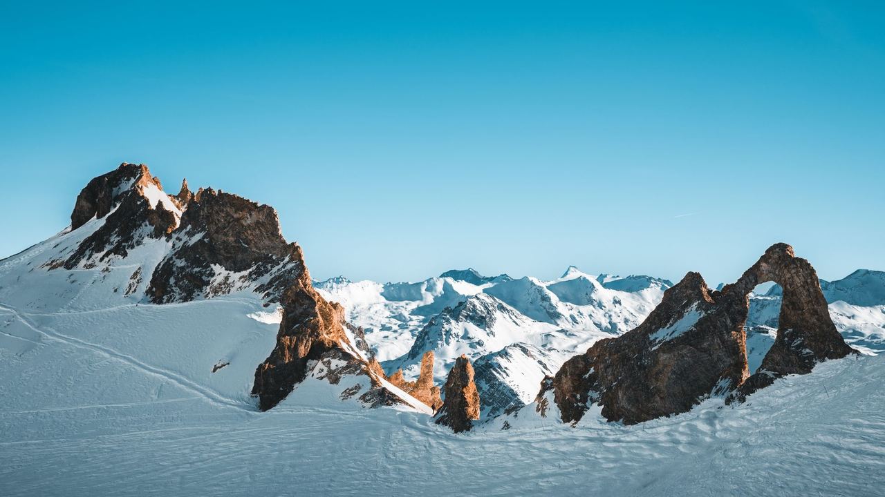 The Aiguille Percée above the snowfields, Tignes
