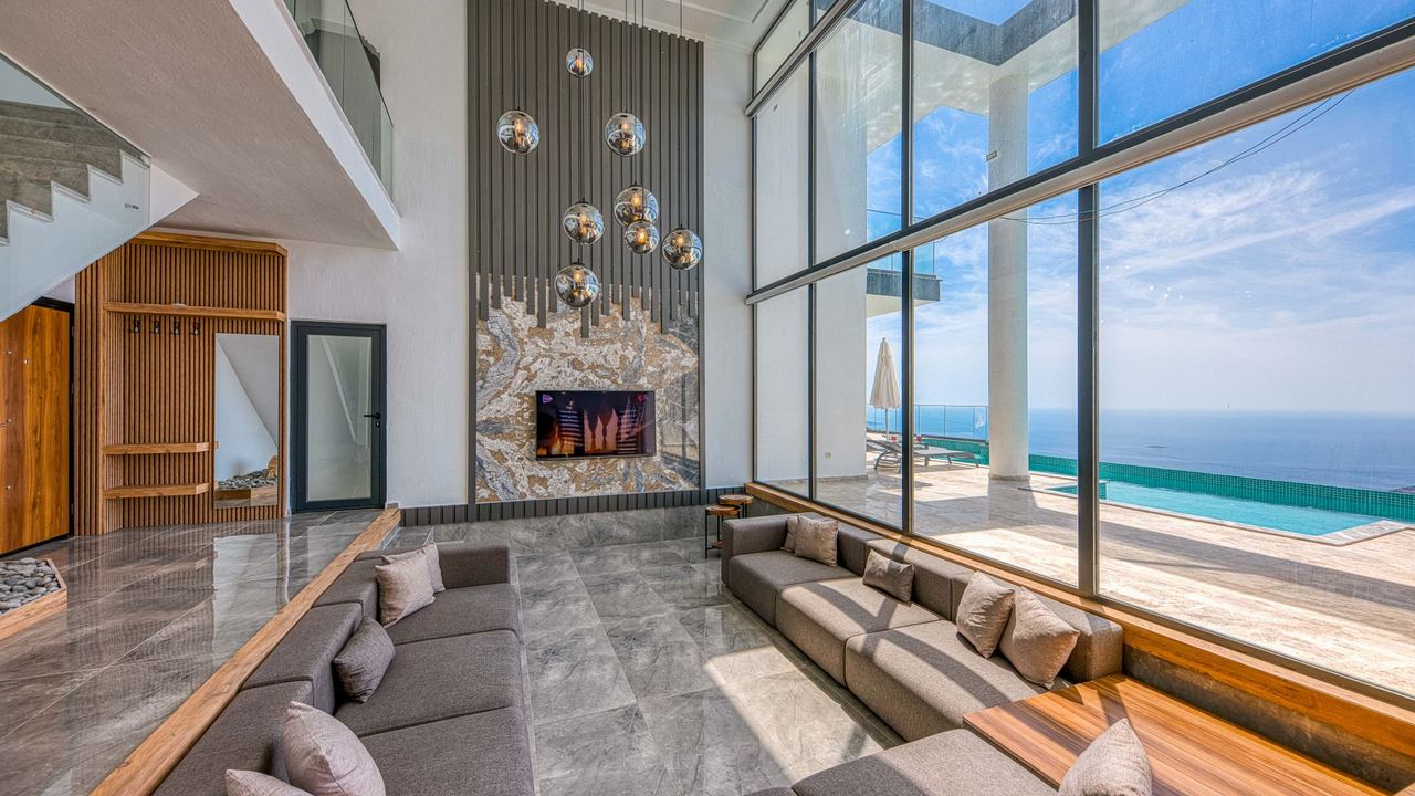A seaside villa interior with a sea view