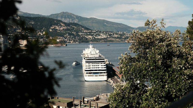 A cruise ship at Monaco's cruise quay, seen through the trees of the Rock