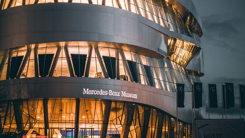 The Mercedes-Benz Museum in Stuttgart lit up at night