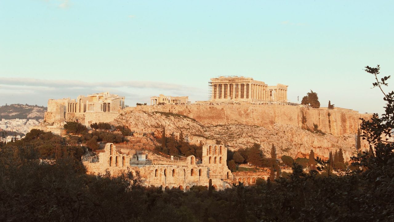 The Acropolis and the Parthenon in the evening sun, the Odeon of Herodes Atticus below, Athens