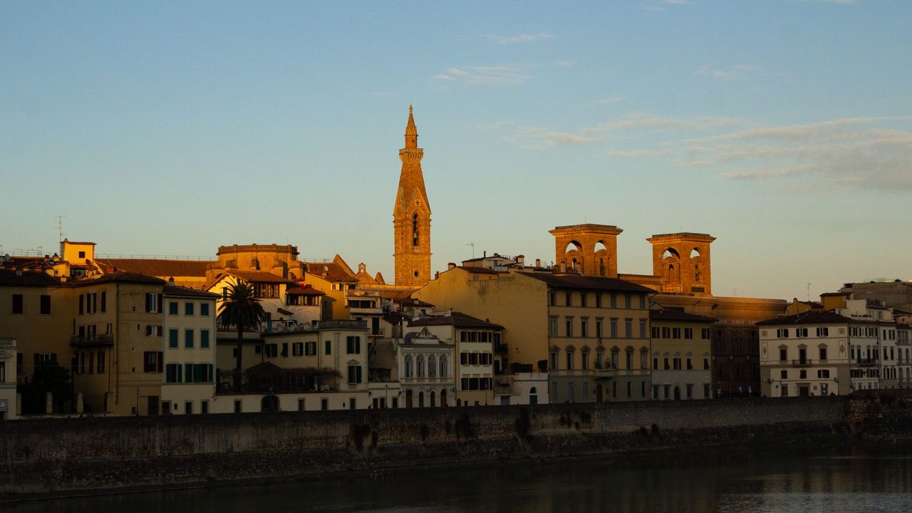 The Arno and the bell tower of Santa Croce in the evening sun, Florence