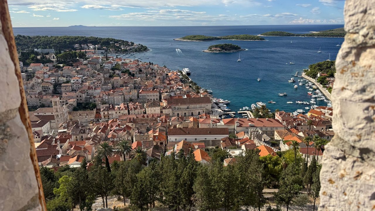 Hvar town, its harbour and the Pakleni Islands from the walls of the Fortica
