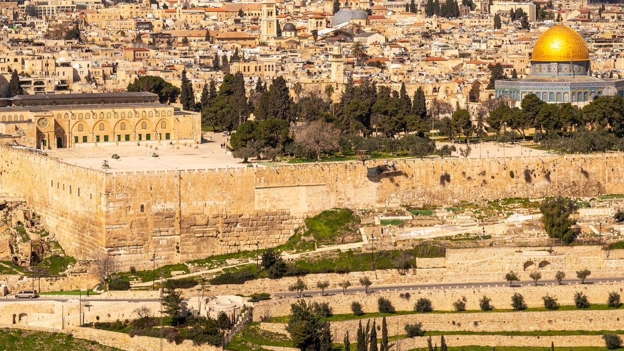 The Old City of Jerusalem, its walls and the golden Dome of the Rock, from the Mount of Olives