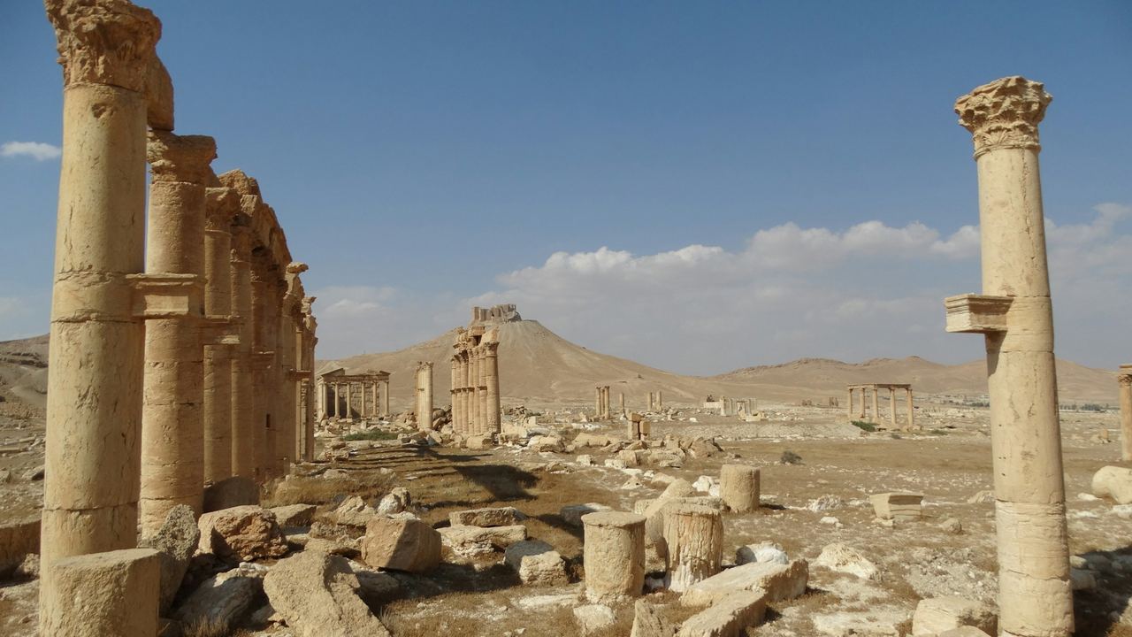 The colonnade and ruins of Palmyra in the desert, with the hilltop castle beyond